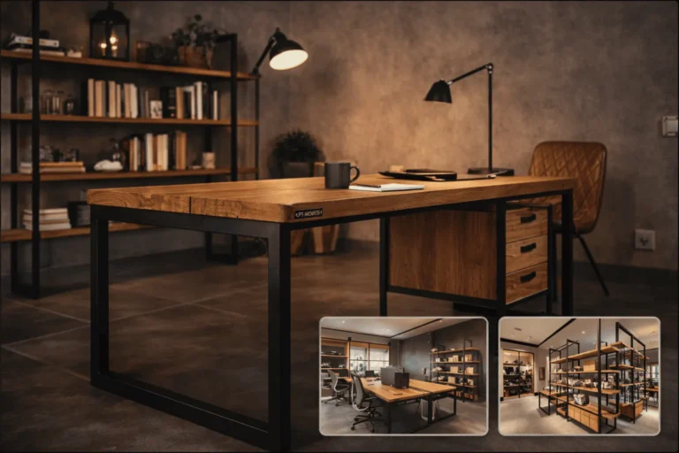 Mesa de escritório em estilo industrial com tampo de madeira clara e pés de metal preto. Ao fundo, uma estante de metal com livros e luminárias de braço articulado iluminando o ambiente de tons cinza. No canto inferior, duas fotos menores mostram variações do mobiliário em espaços maiores. Móveis Industriais em Metal e Madeira